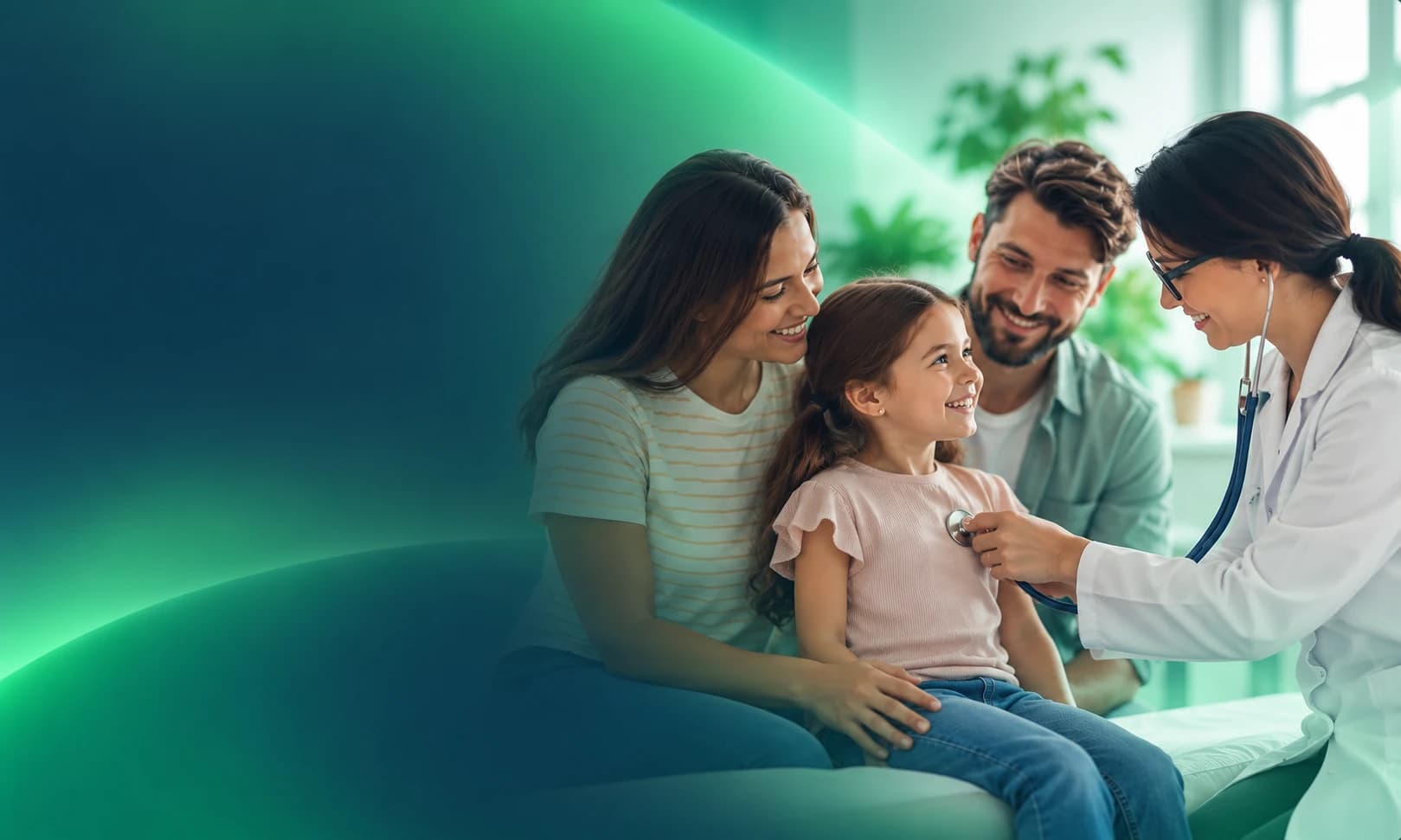 Pais e filha sorrindo em consulta com uma pediatra