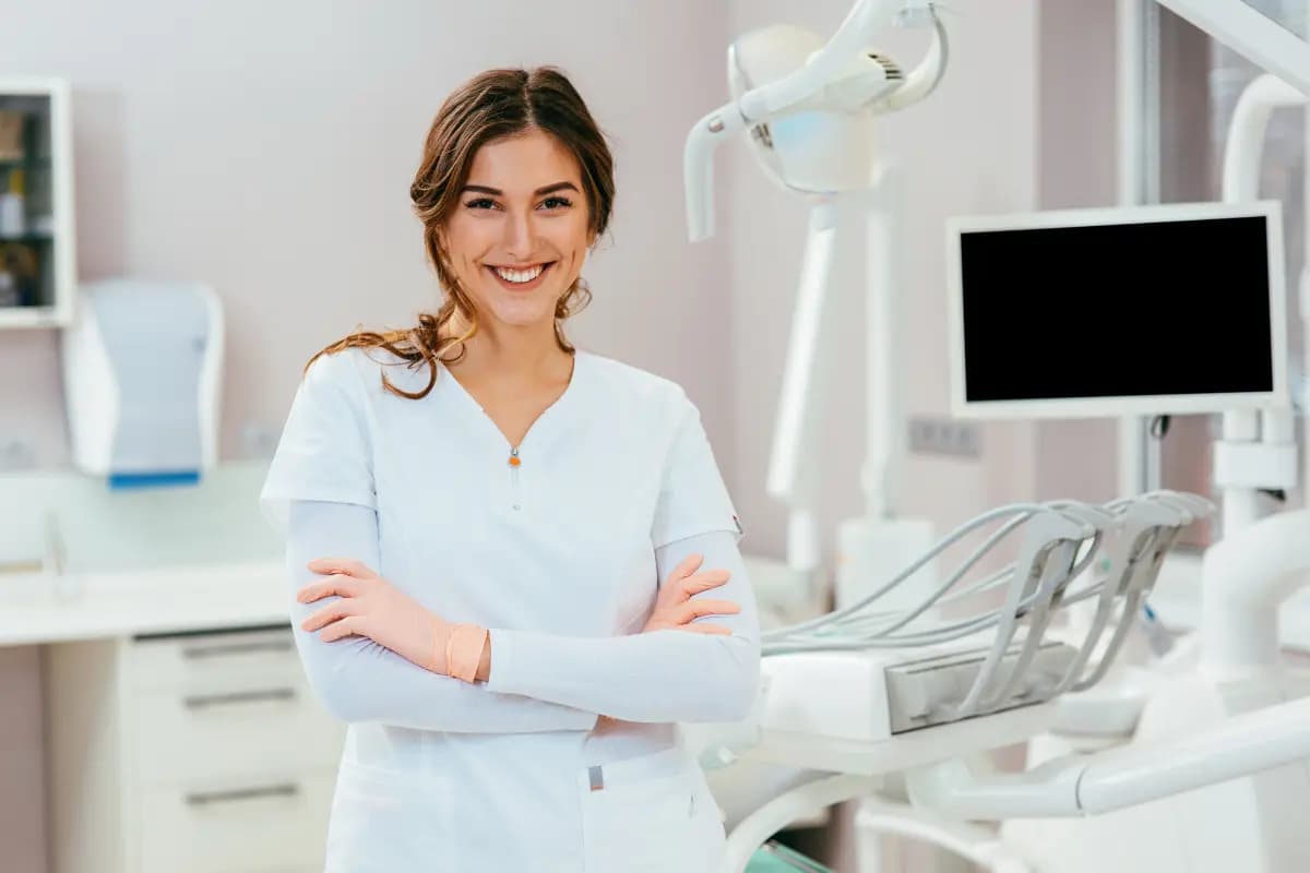 Dentista sorridente de uniforme branco, de braços cruzados, ao lado da cadeira odontológica em um consultório